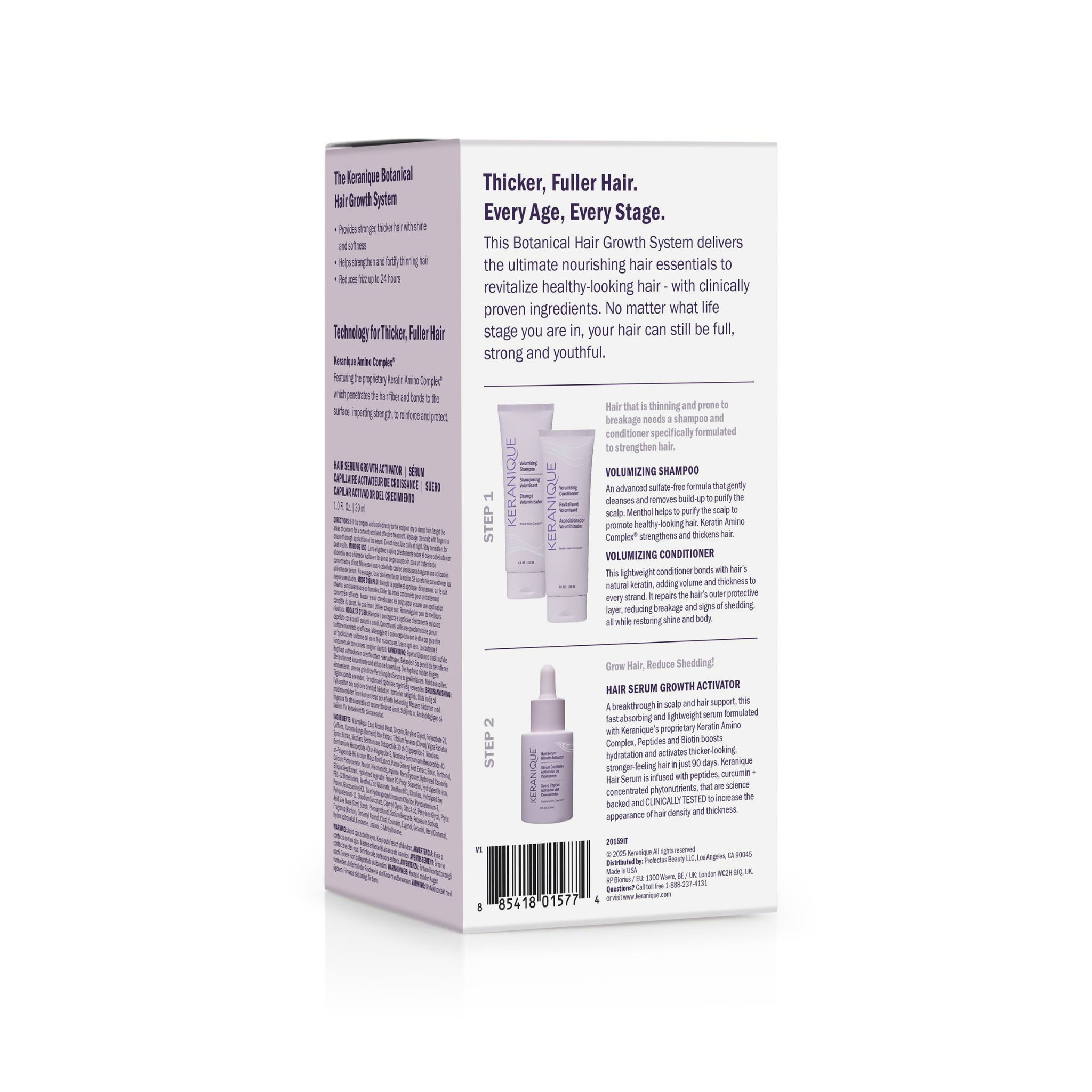 Rückseite der Keranique-Verpackung. Enthält Informationen zum Produkt und Abbildungen der Produkte.