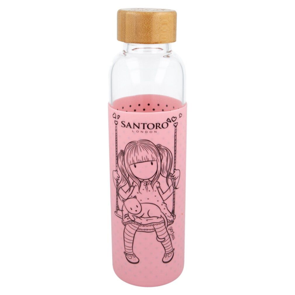 Glaswasserflasche mit rosa Hülle. Mädchen-Illustration. Holzdeckel. Santoro London Logo.