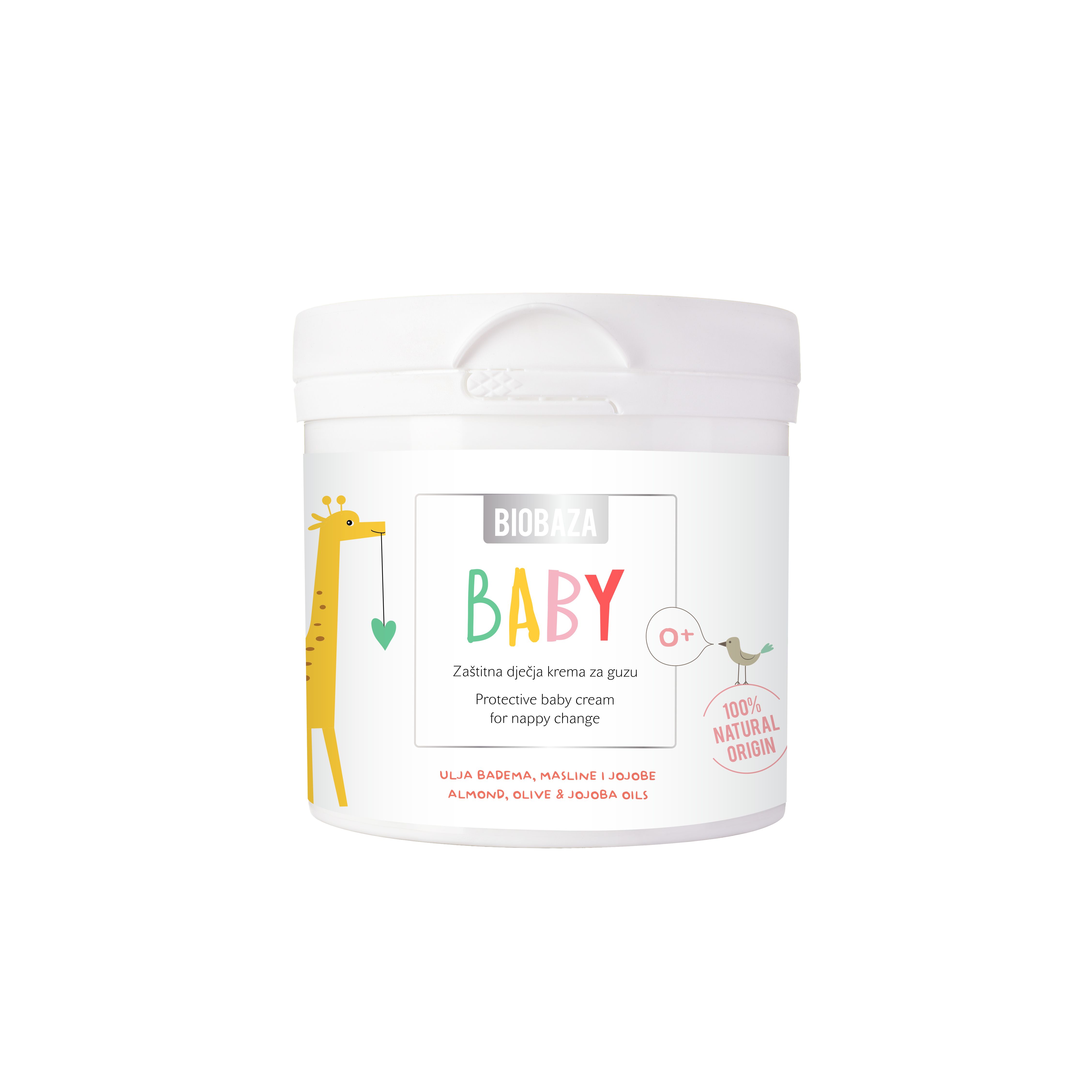 Weisse Dose mit Deckel. Aufschrift BABY, Giraffe, Vogel und Text. "100% Natural Origin".