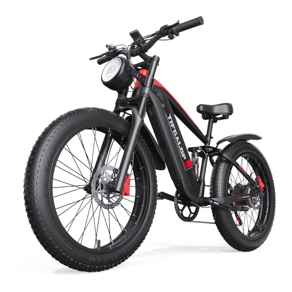 Schwarzes Elektrofahrrad mit roten Akzenten. Große Reifen, Scheinwerfer. Marke: TIFGALOP. Seitenansicht.