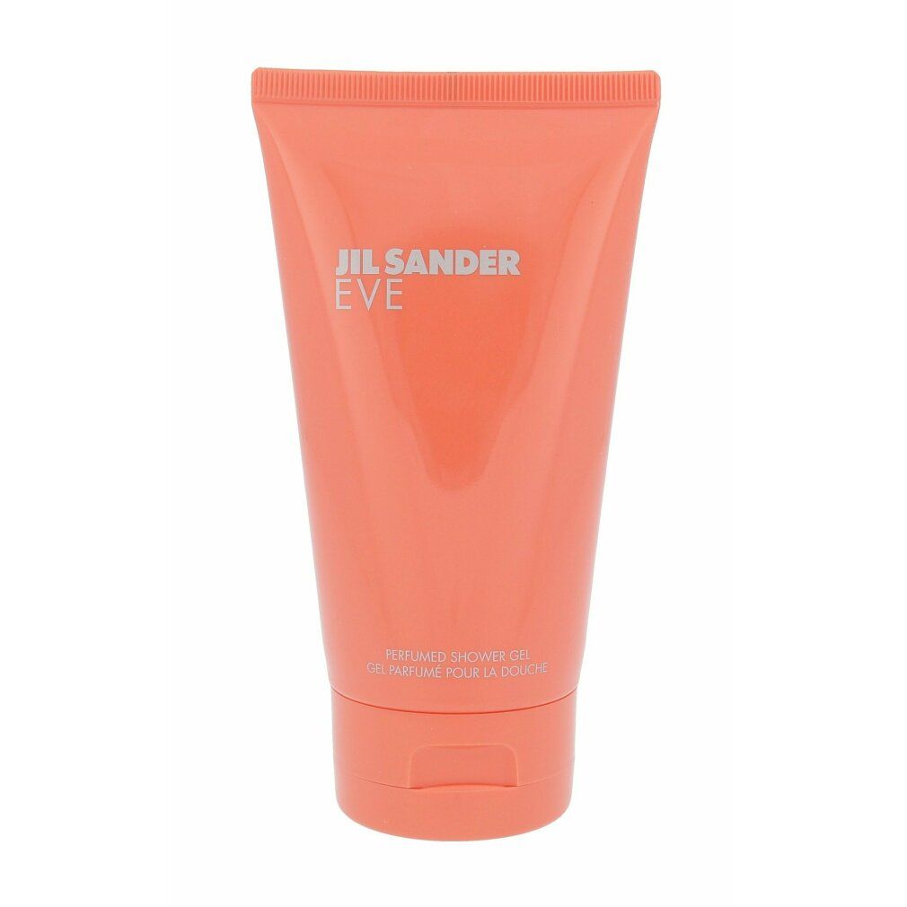 Korallenfarbene Tube mit silbernem Schriftzug JIL SANDER EVE. Darunter: PERFUMED SHOWER GEL, GEL PARFUMÉ POUR LA DOUCHE.