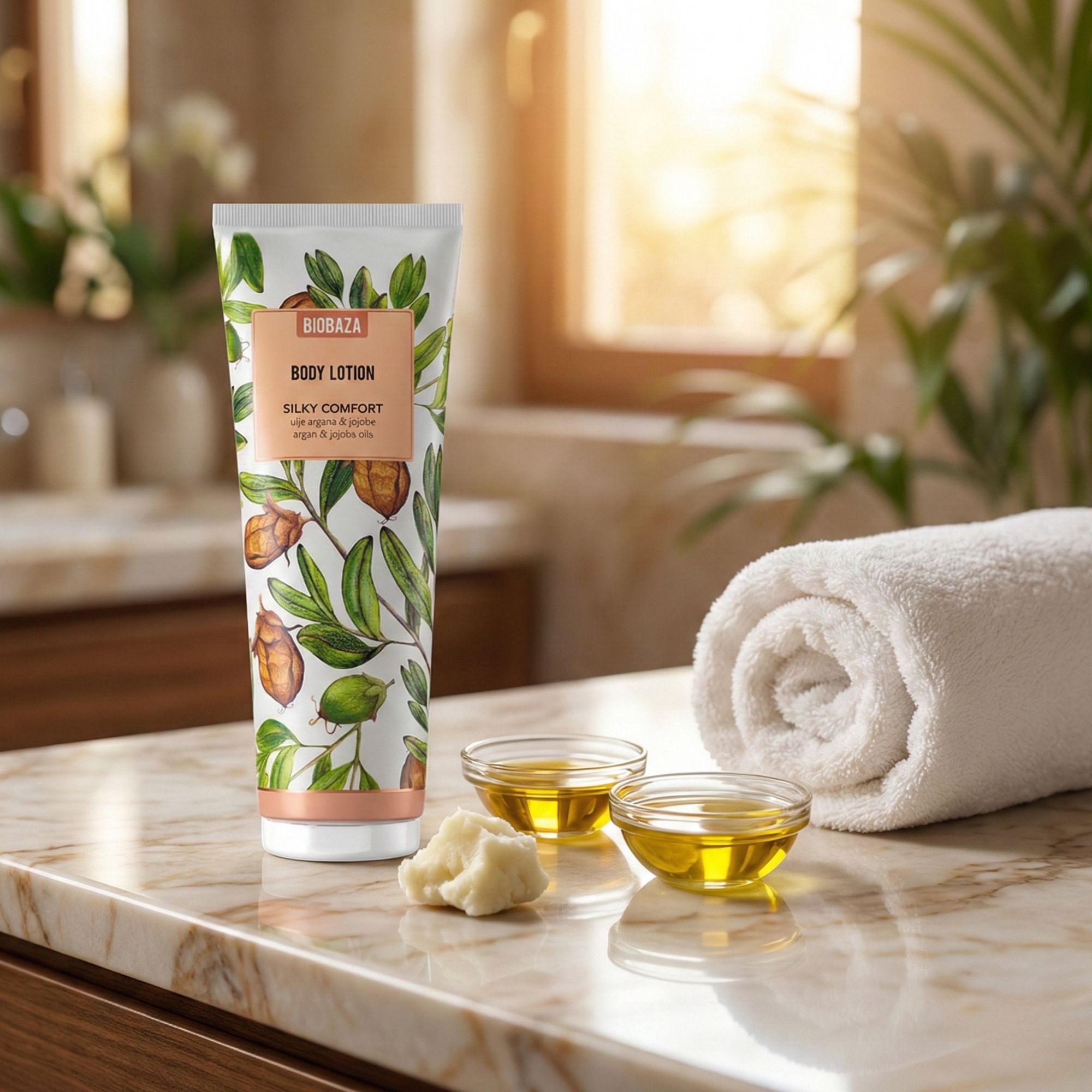Körperlotion-Tube mit floralem Design. Neben der Tube: zwei Schalen mit Öl, ein Handtuch und ein Stück Butter.