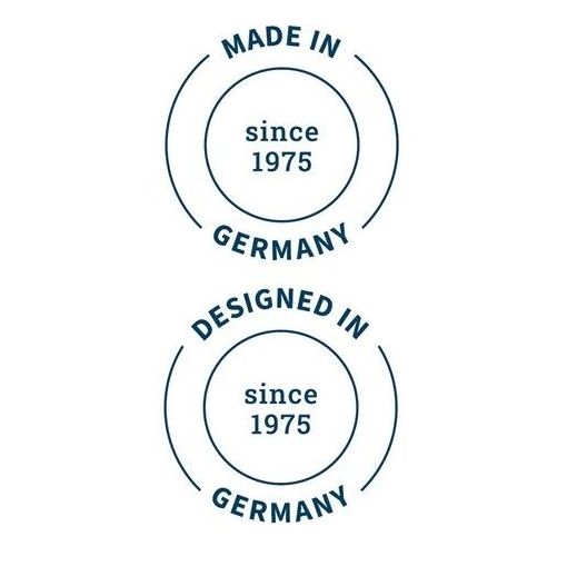 Zwei Logos: 'Made in Germany' und 'Designed in Germany' seit 1975. Kreisförmig.
