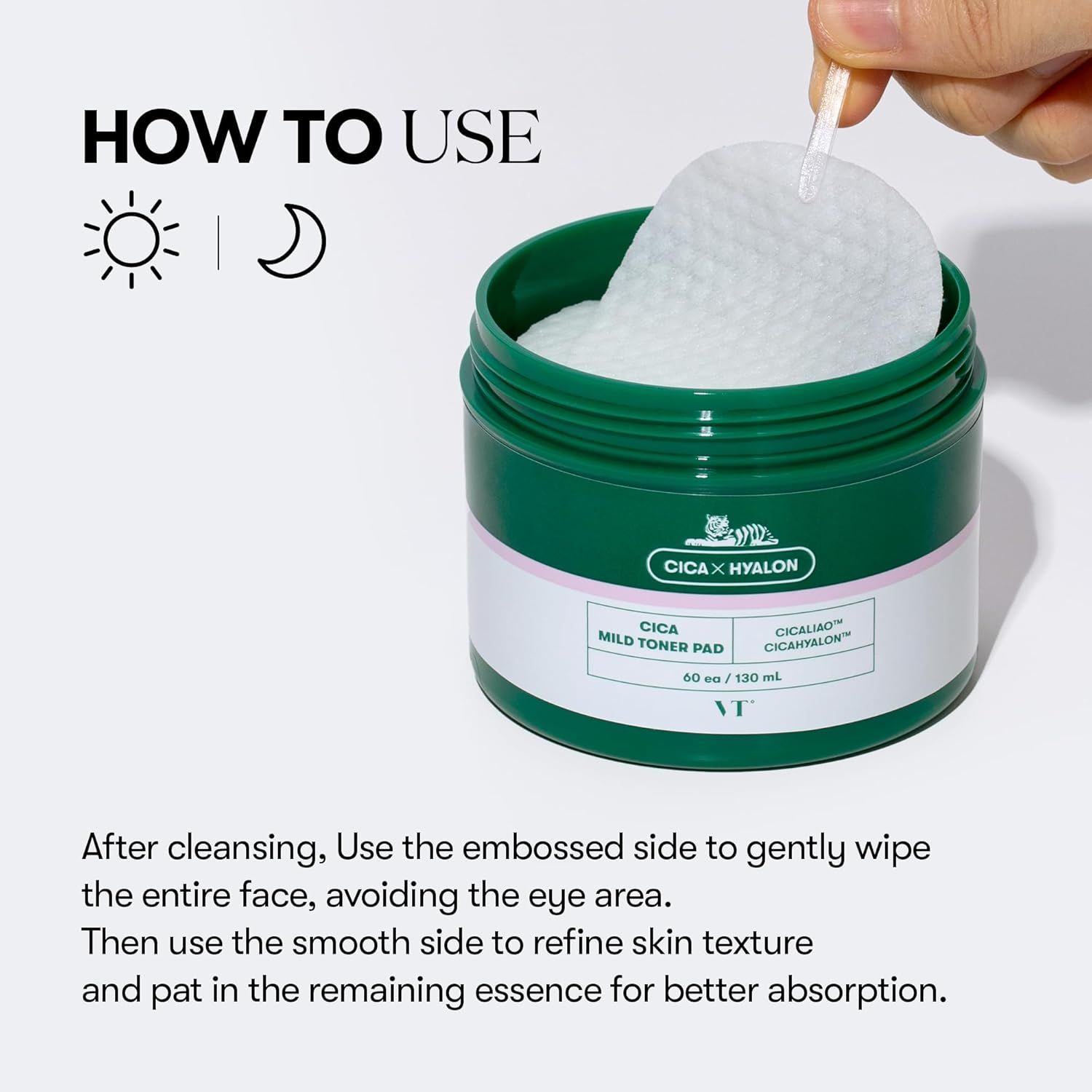 Grünes Tiegel mit Toner Pads. Anwendung: Tag und Nacht. Text: CICA MILD TONER PAD. Anwendungshinweise mit Symbolen.