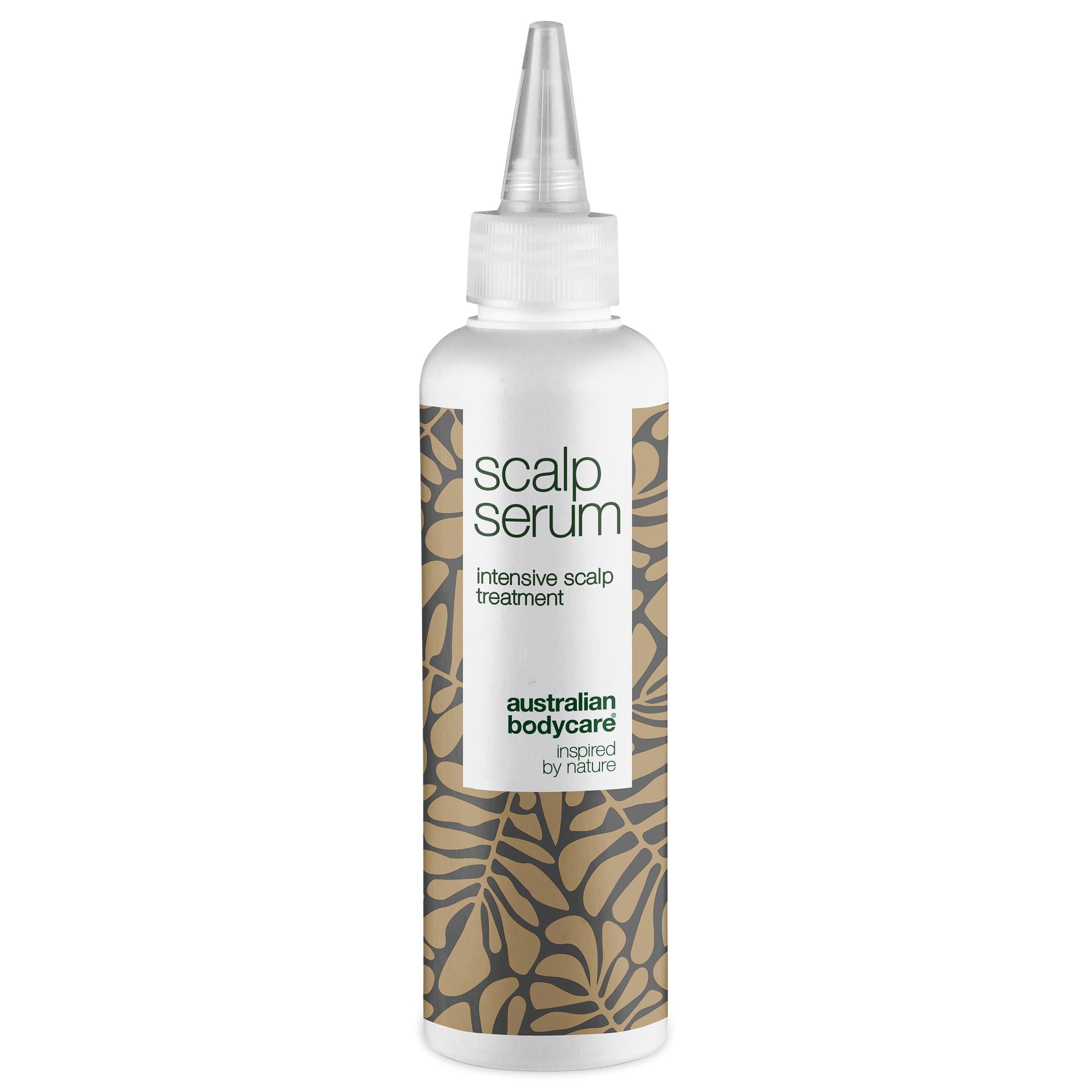 Weißes Serum-Fläschchen mit Applikator. Aufschrift: Scalp Serum, Intensive Scalp Treatment. Marke: Australian Bodycare.