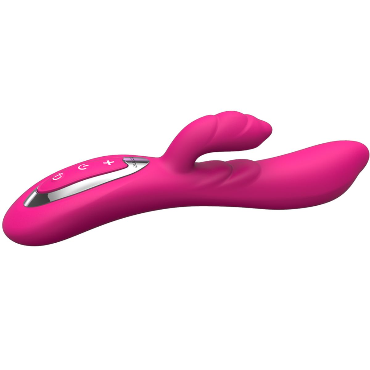 Pinkfarbener Vibrator mit Hasenohren-Design. Mit Bedienfeld und Knöpfen. Seitliche Ansicht.