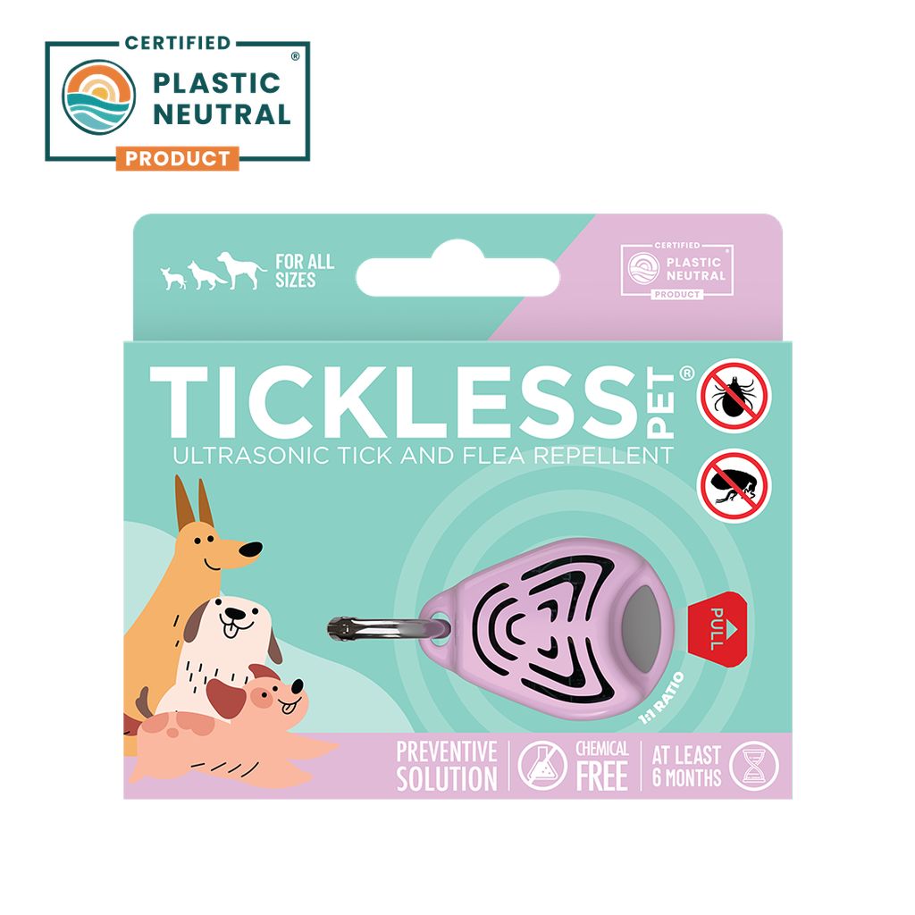 Verpackung für Tickless Pet, einen Ultraschall-Zecken- und Flohabwehranhänger.