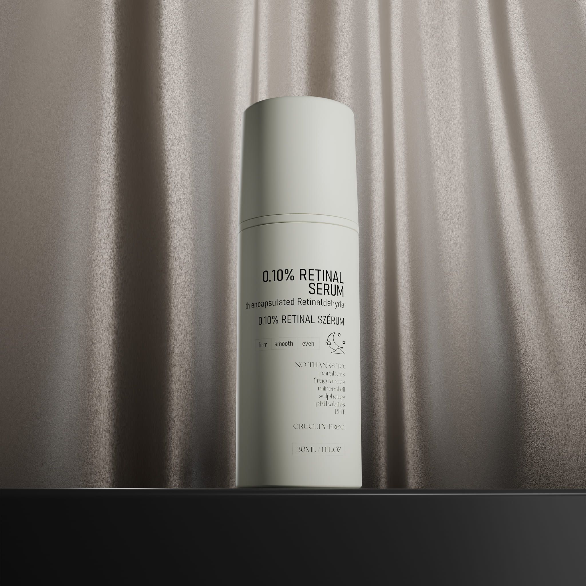 Beige Flasche mit Pipettenaufsatz, 0.10% Retinal Serum.
