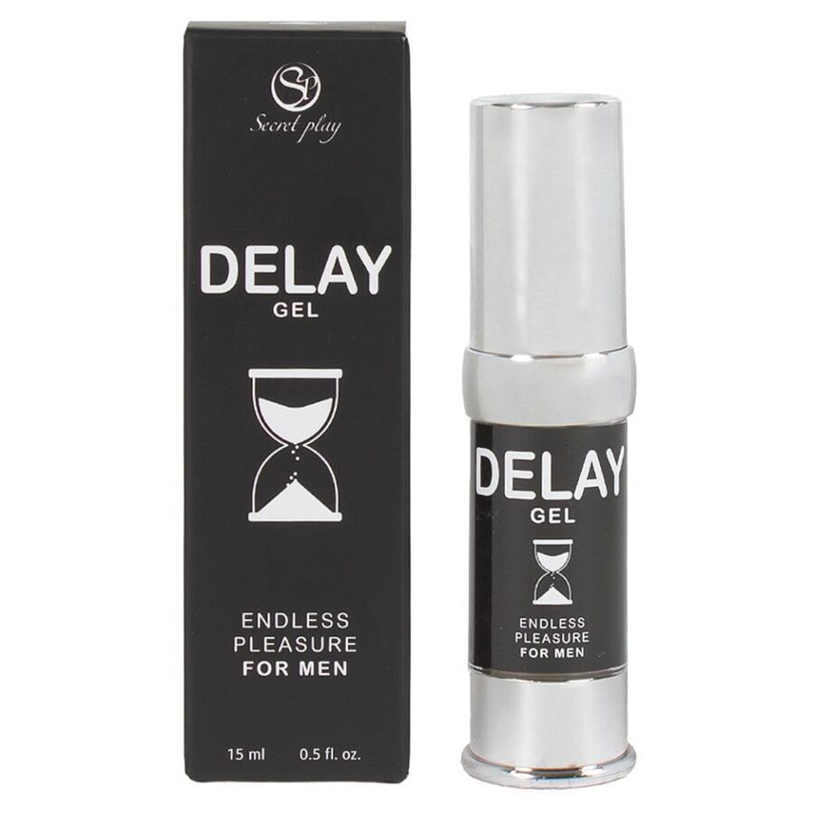 Schwarze Verpackung und Flasche. Aufschrift: DELAY GEL, ENDLESS PLEASURE FOR MEN. Logo: Sanduhr.