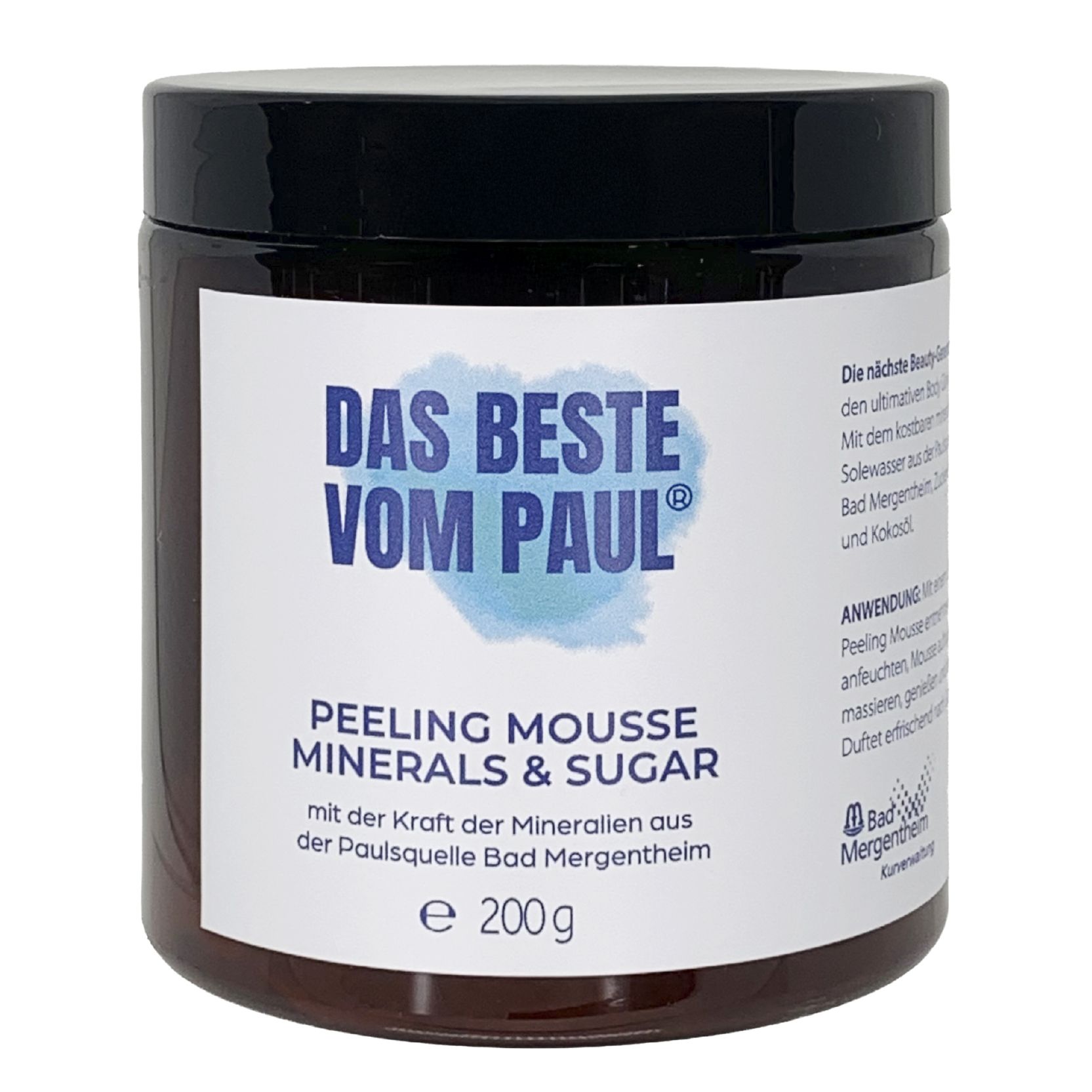 Braune Dose mit schwarzem Deckel. Aufschrift: Das Beste vom Paul. Peeling Mousse Minerals & Sugar. 200g.