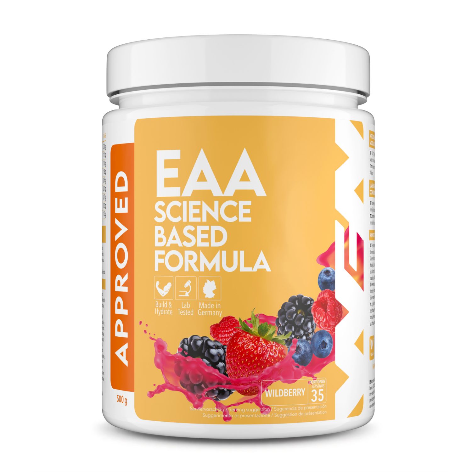 EAA Science Based Formula Behälter. Gelbes Etikett mit Produktnamen, Früchten und Zertifizierung. Wildberry-Geschmack.