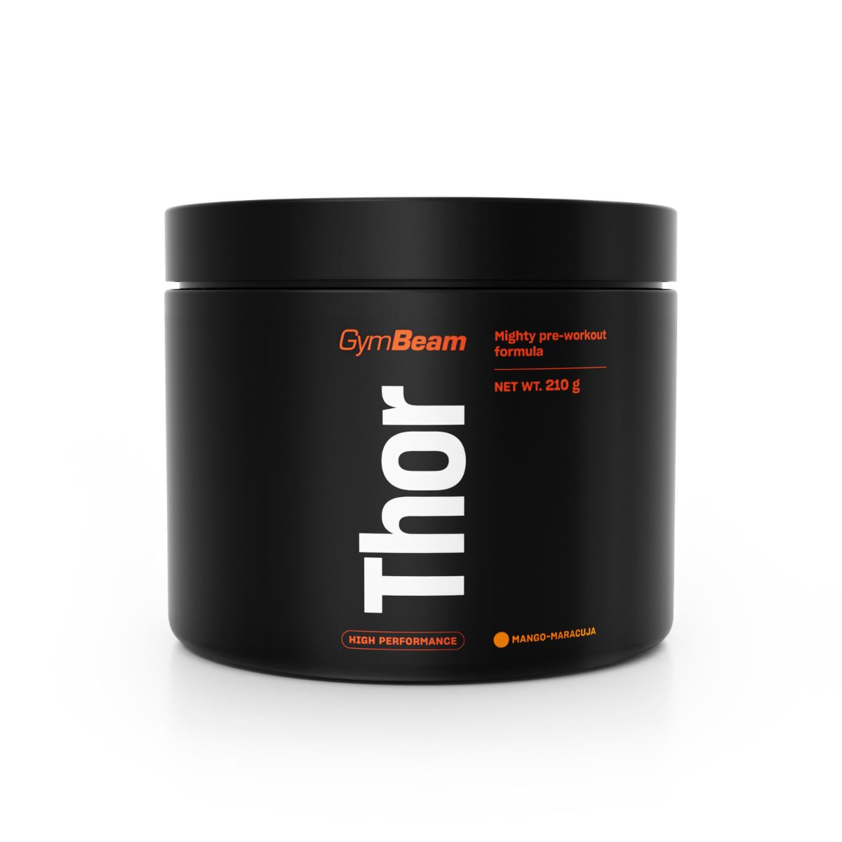 GymBeam Thor Pre-Workout Pulver in schwarzer Dose mit orangefarbenem Etikett. Enthält Koffein und Niacin.