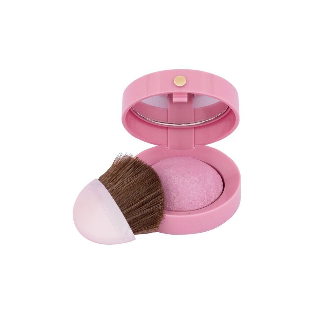 Rosa Puder-Kompakt-Make-up mit Spiegel und Pinsel. Offener Deckel. Puder in rosa Dose. Pinsel mit rosa Griff.