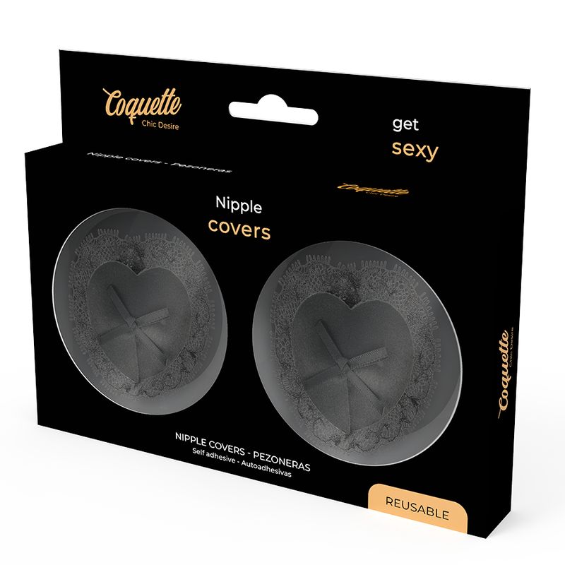 Verpackung mit zwei schwarzen Nippel Covern. Markenname Coquette und Text 'get sexy'. Wiederverwendbar.