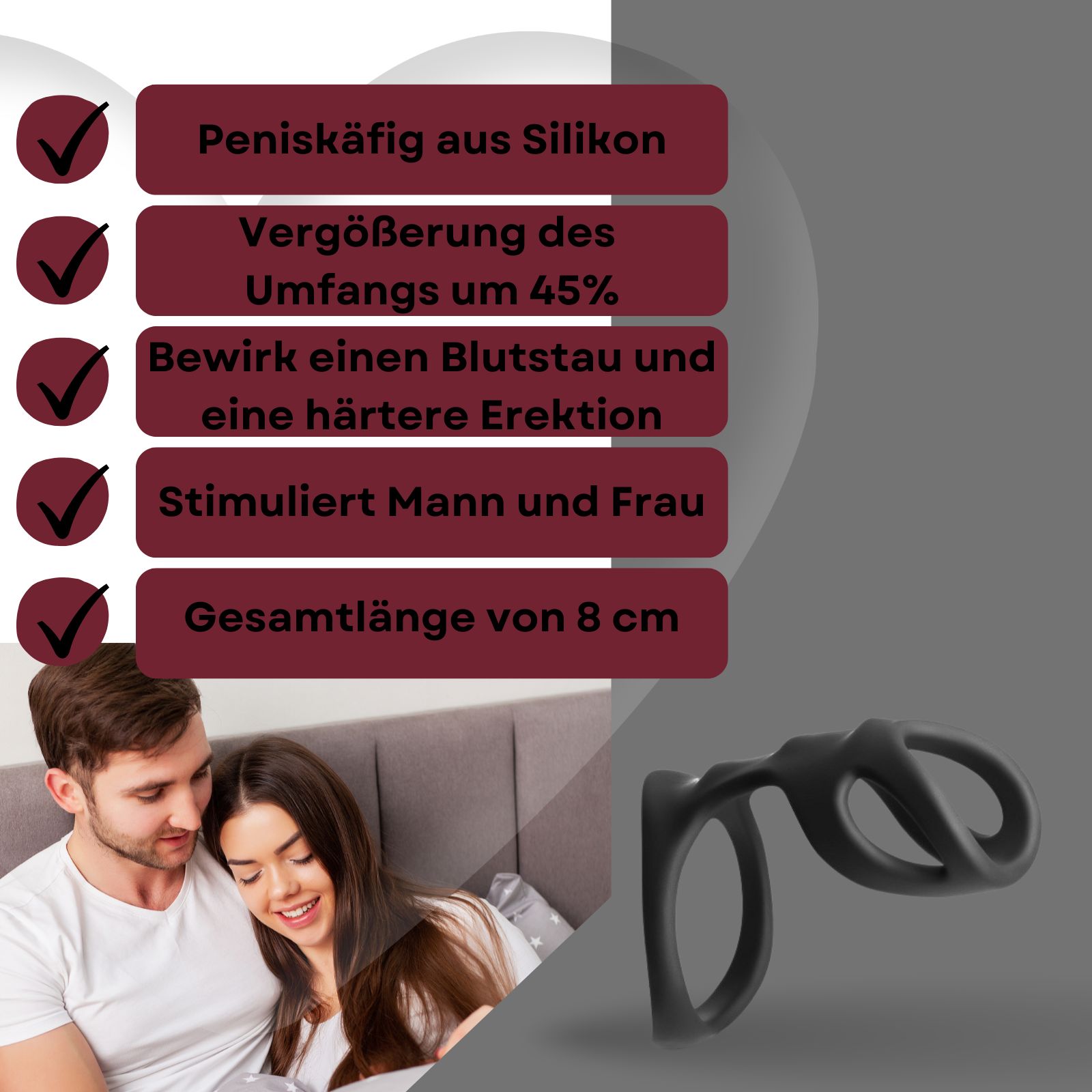 Schwarzer Penisring aus Silikon. Text: Penisring aus Silikon, Umfangvergrößerung, Bluterguß, Stimulation, 8 cm.