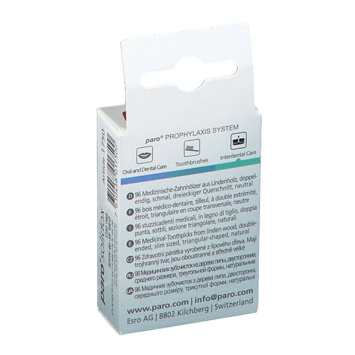 Rückseite der paro® solidox Verpackung. Text in mehreren Sprachen, Produktinformationen, Logo, Kontaktinformationen.