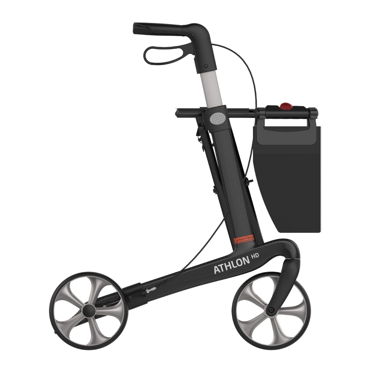 Schwarzer Rollator, Seitenansicht. Graue Räder. ATHLON HD Schriftzug.