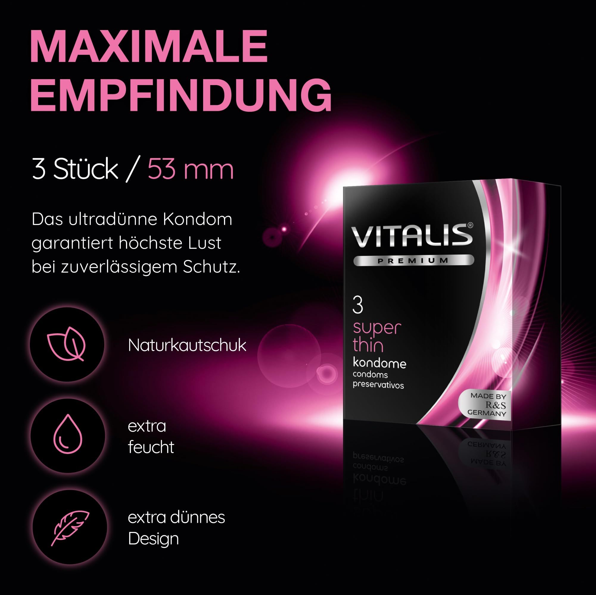 Vitalis PREMIUM Super Thin Kondome: 3 Stück, 53 mm Breite. Naturschuh, extra feucht, ultradünnes Design.
