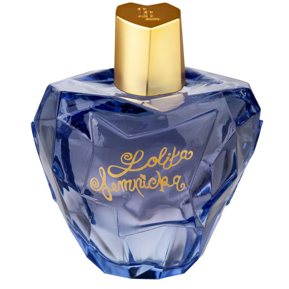 Blauer Flakon mit goldfarbenem Verschluss. Aufschrift: Lolita Lempicka. Geometrische Form.