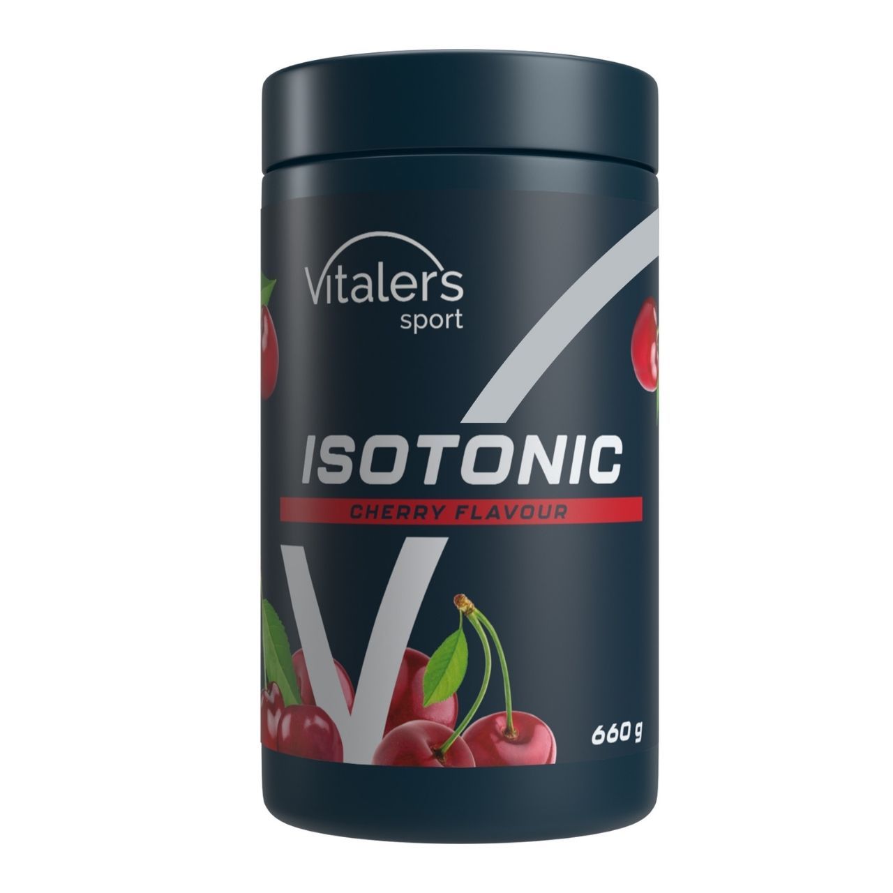 Dunkler Behälter mit Aufschrift 'Isotonic Cherry Flavour', Kirschen, Wasserspritzern und 660g.