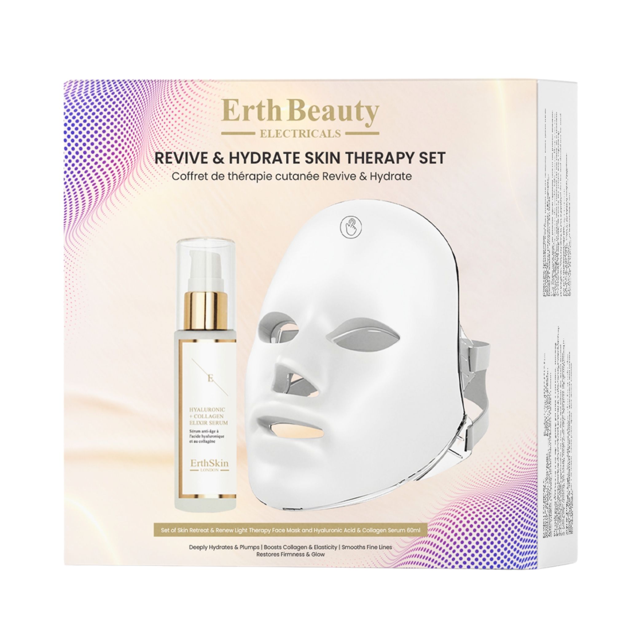 Geschenkbox mit LED-Gesichtsmaske und Serumflasche. Aufschrift: ErthSkin London. Revive & Hydrate Skin Therapy Set.