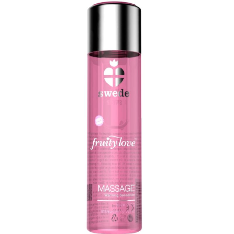 Flasche mit silbernem Verschluss, gefüllt mit rosa Massageöl. Etikett mit 'swede fruity love massage' und einem Herzsymbol.