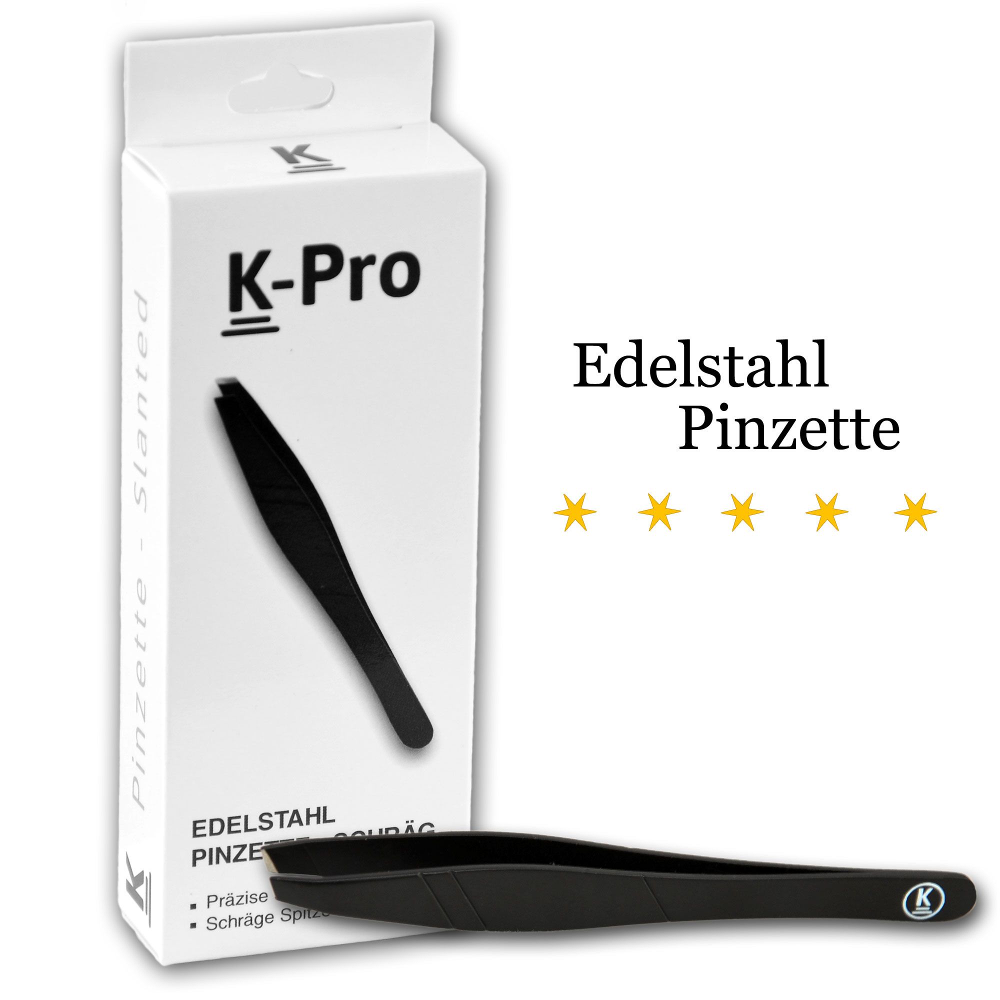 Verpackung und schwarze Edelstahl-Pinzette mit schräger Spitze. K-Pro Logo.