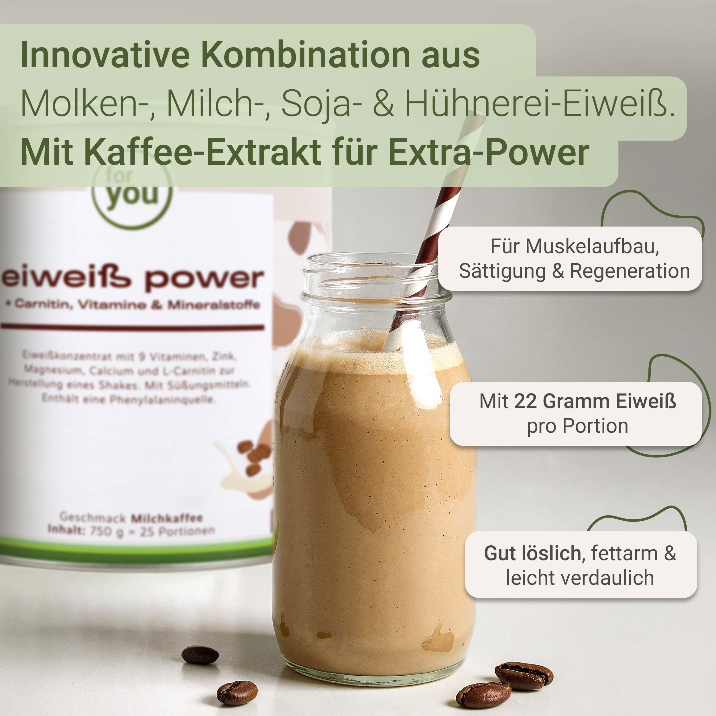 Eiweiß Power Shake mit 22g Eiweiß pro Portion, gut löslich und leicht verdaulich.