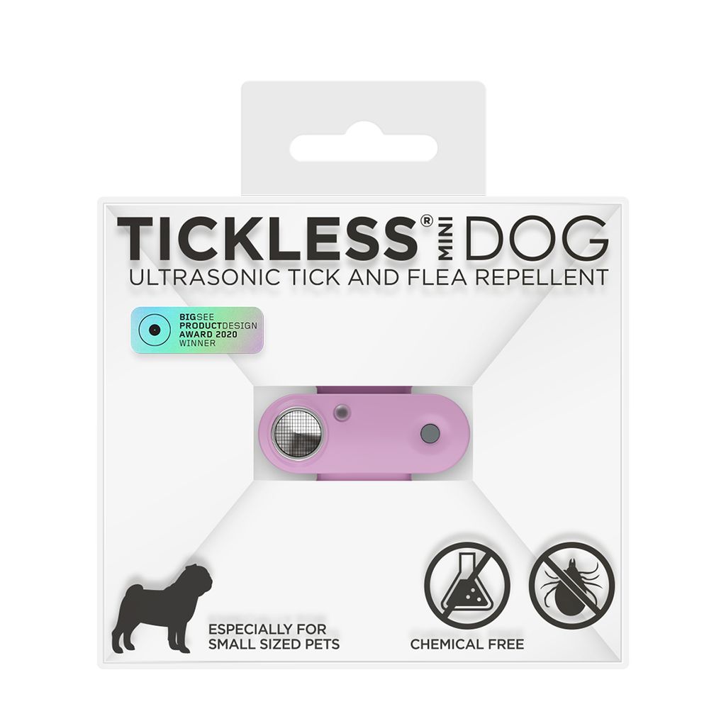 Tickless Mini Dog in Verpackung. Rosa Gerät, weißer Karton mit Produktnamen und Logos. Auszeichnung 'Product Design Award'.