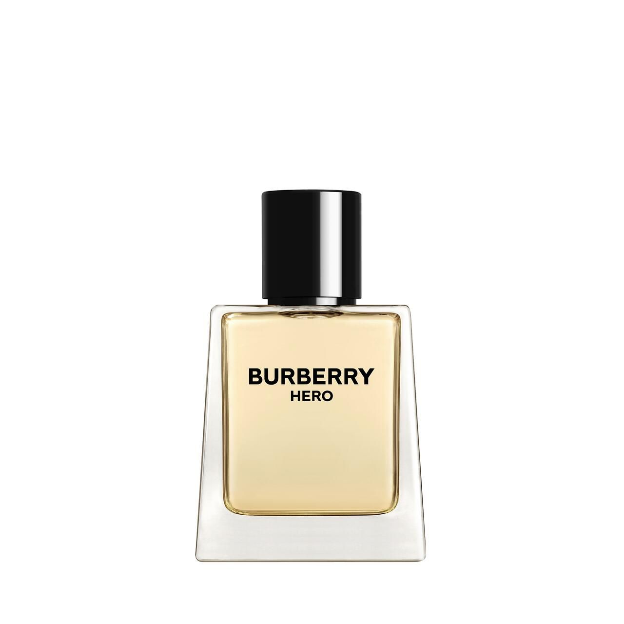 Burberry Hero Eau de Toilette Flakon. Quadratische Form, transparente Basis, schwarzer Deckel. Schriftzug Burberry Hero.