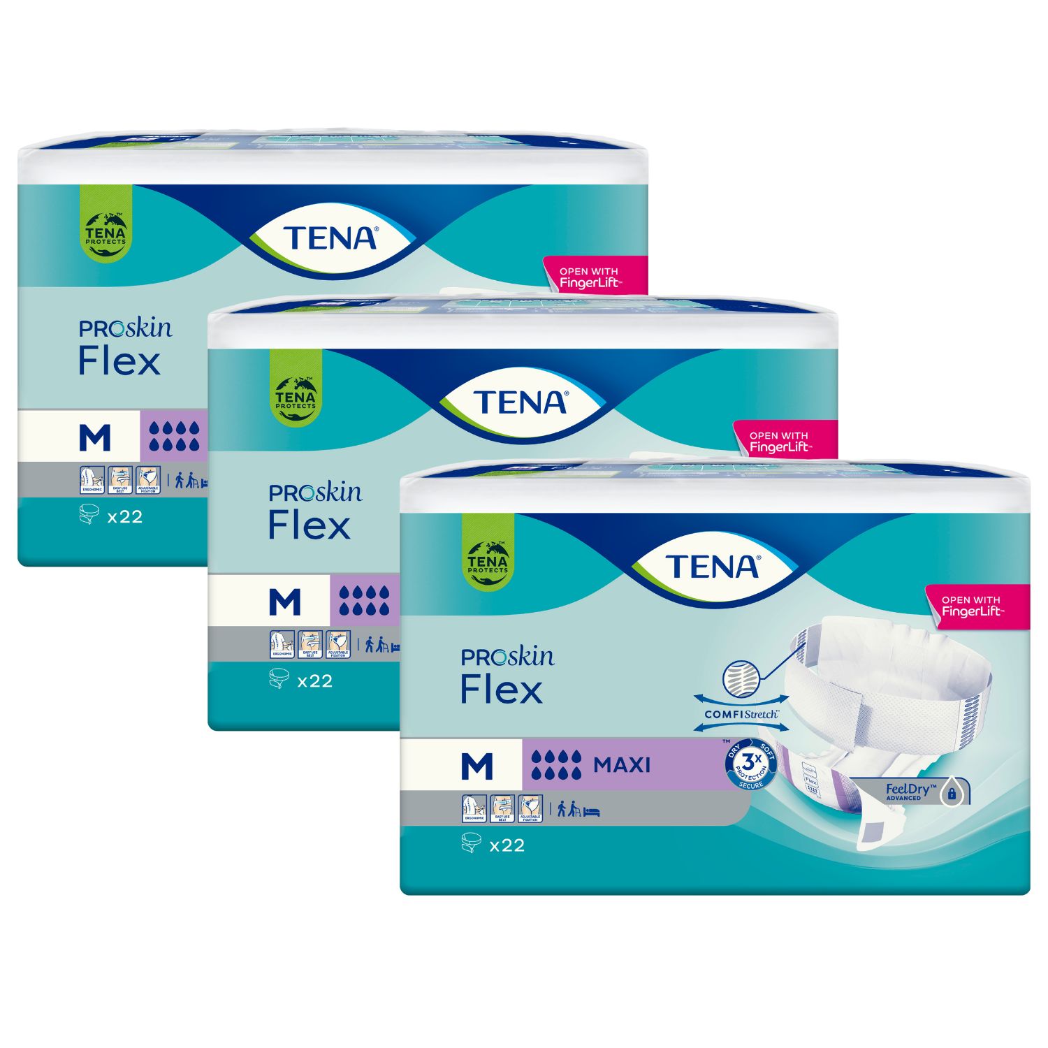 Drei Packungen TENA Proskin Flex Maxi, Größe M. Verpackung mit blauer und weißer Gestaltung. Text: TENA, Proskin Flex, Maxi, x22.