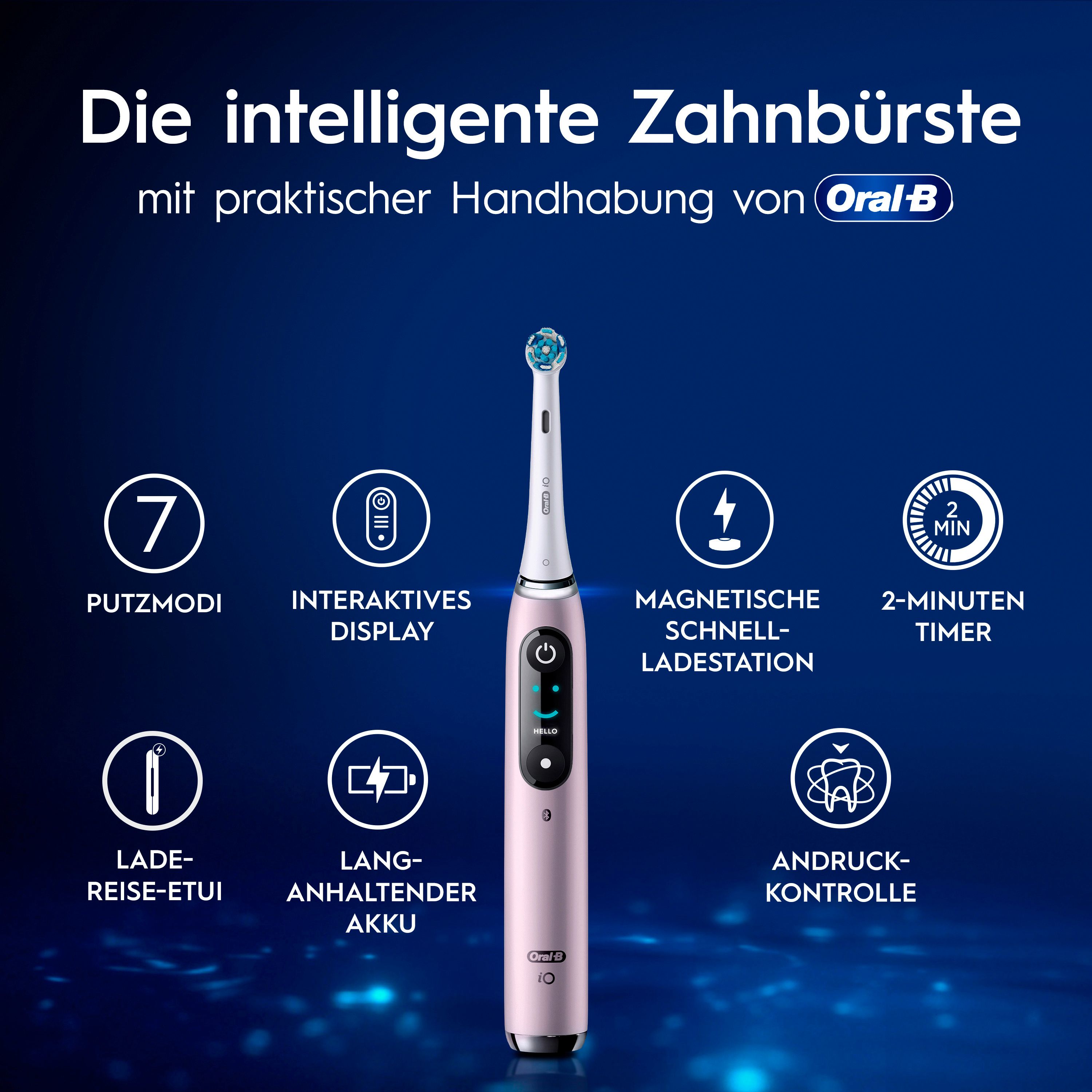Zahnbürste mit Display und 7 Putzmodi. Text: "Die intelligente Zahnbürste mit praktischer Handhabung von Oral-B".