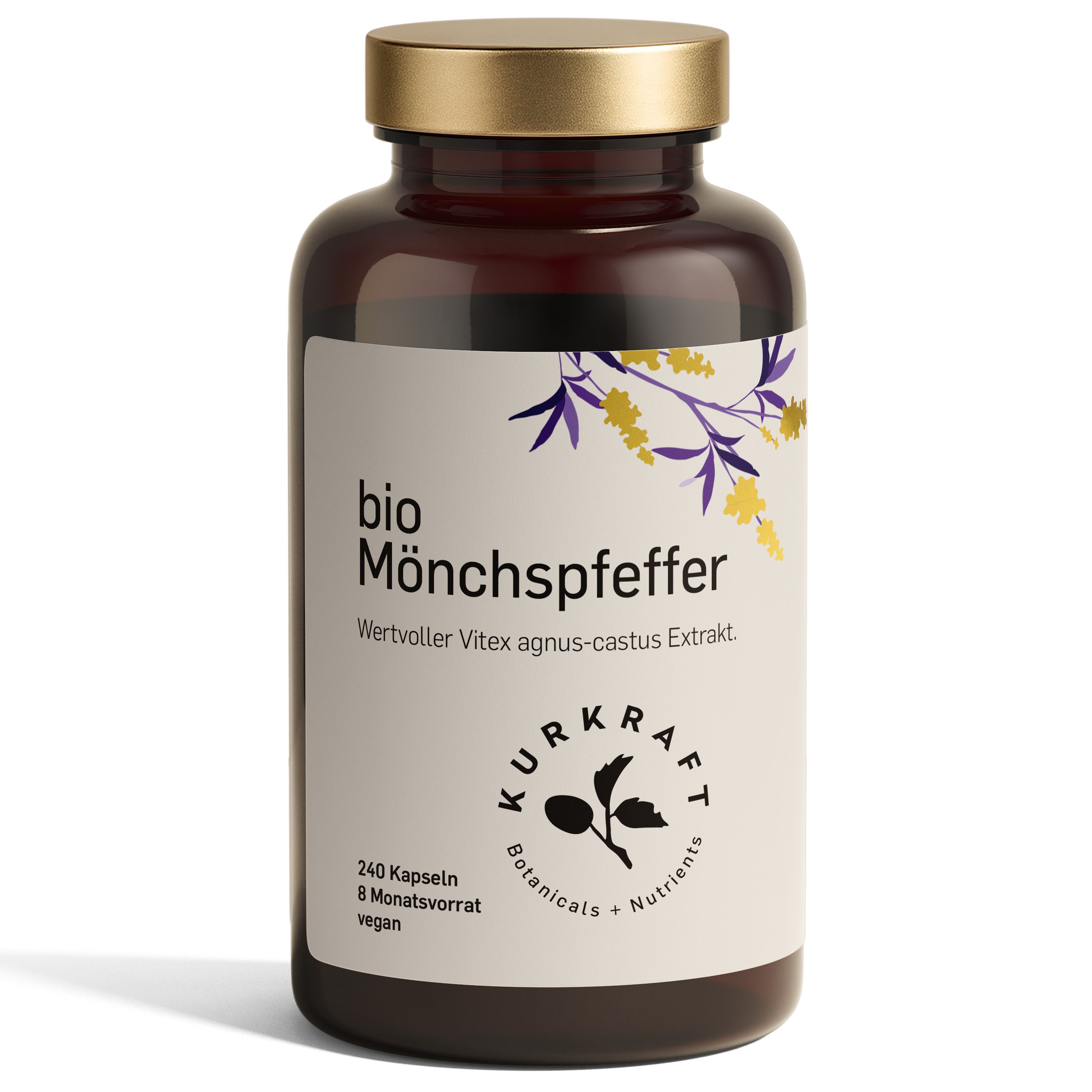 Braune Flasche mit goldfarbenem Deckel. Etikett mit Produktname, Logo und Inhaltsangaben. 240 Kapseln, vegan.