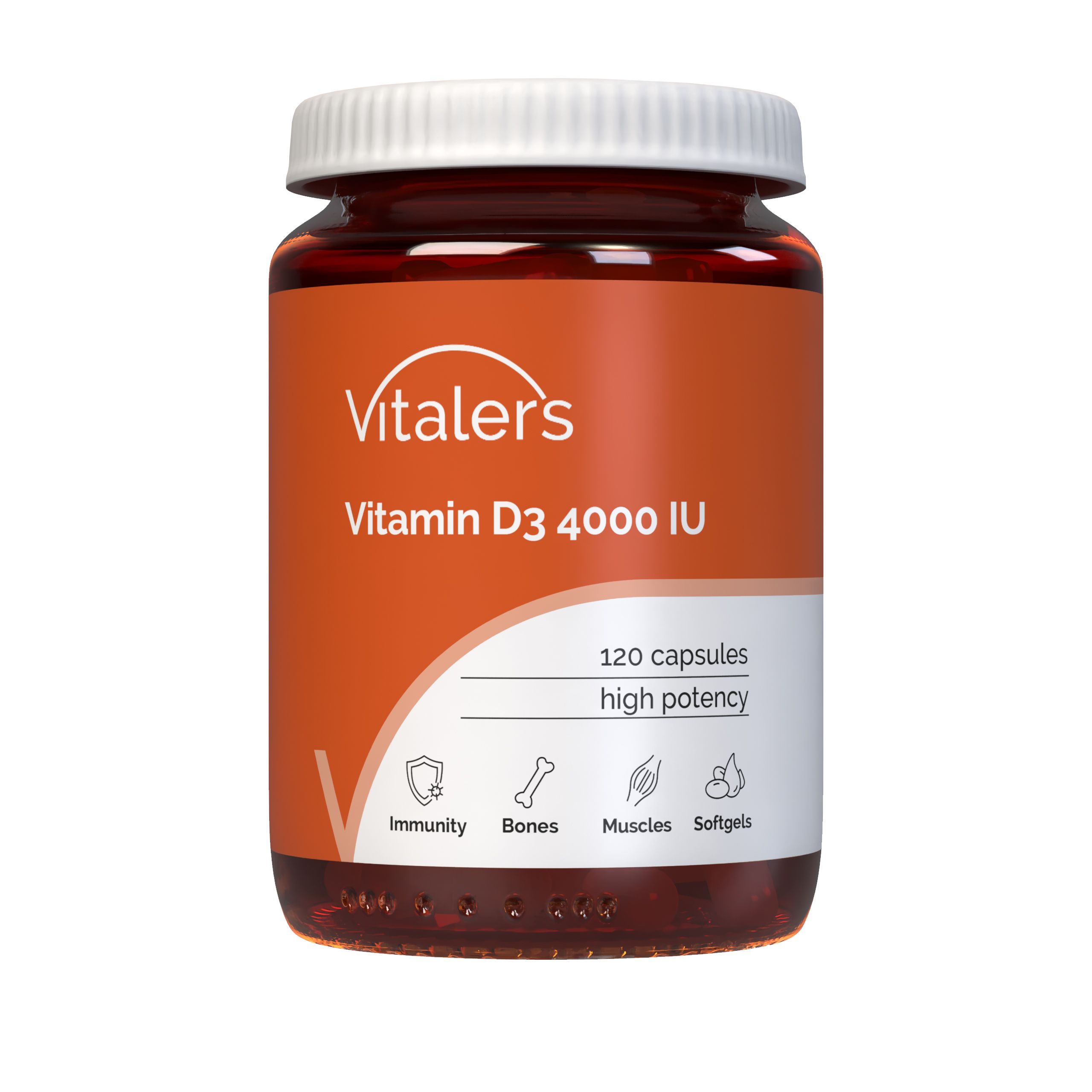 Braune Flasche mit weißem Deckel. Aufschrift: Vitalers Vitamin D3 4000 IE. 120 Kapseln. Symbole für Immunität, Knochen, Muskeln, Softgels.
