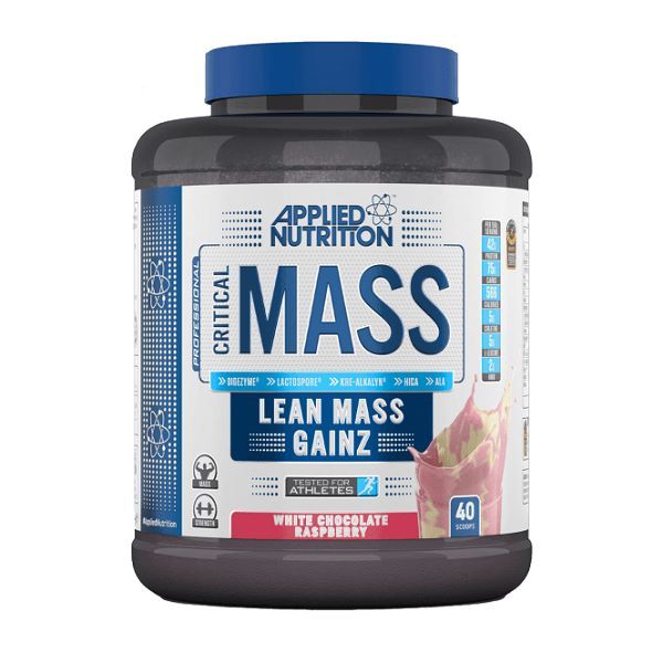 Dose Applied Nutrition Critical Mass, weißes Schoko-Himbeer-Aroma. Blaue Kappe, schwarzer Behälter. 40 Portionen.