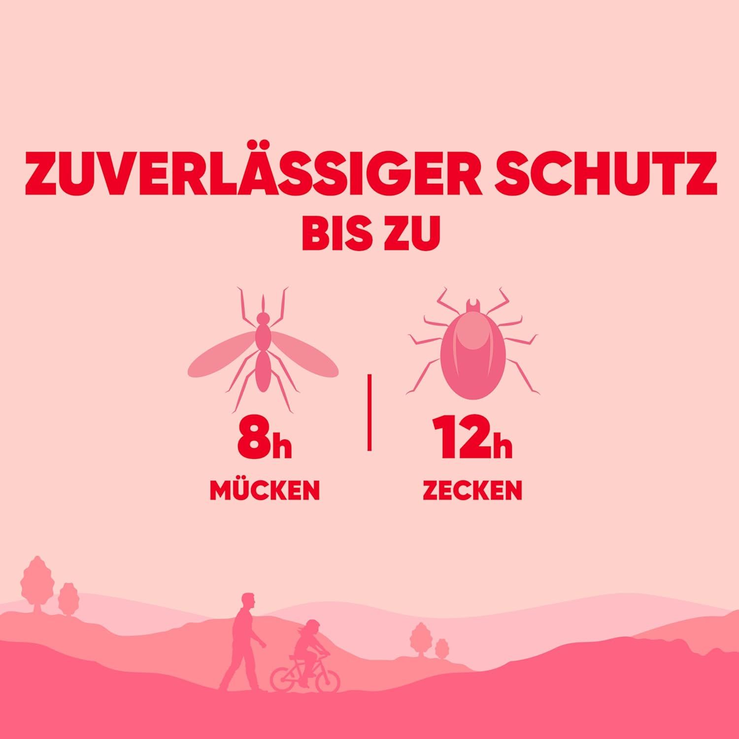 Rosa Hintergrund mit Text: Zuverlässiger Schutz bis zu 8h Mücken, 12h Zecken. Illustrationen von Mücke und Zecke. Autan Logo unten rechts.