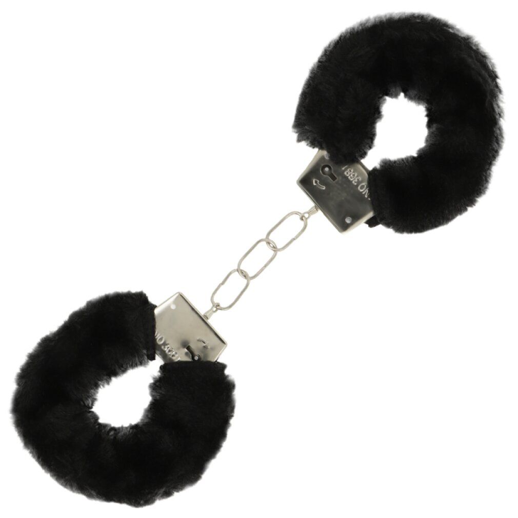 Schwarze Handschellen mit Fell. Metallverschlüsse und Kette.