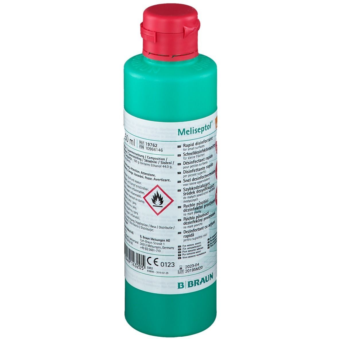 Grüne Flasche mit rotem Verschluss. Aufschrift: Meliseptol, Schnelldesinfektion. B. Braun Logo. Gefahrensymbol.