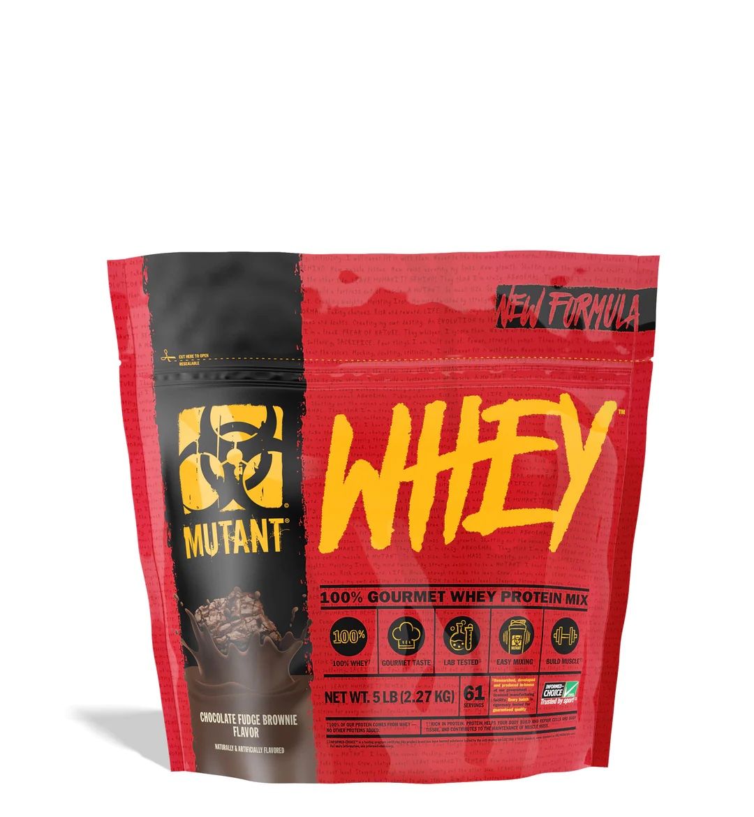 Rote Whey-Proteinpulver-Verpackung mit "Mutant"-Logo und "Whey"-Schriftzug. Enthält 100% Gourmet-Whey-Protein-Mix. Geschmack: Chocolate Fudge Brownie.