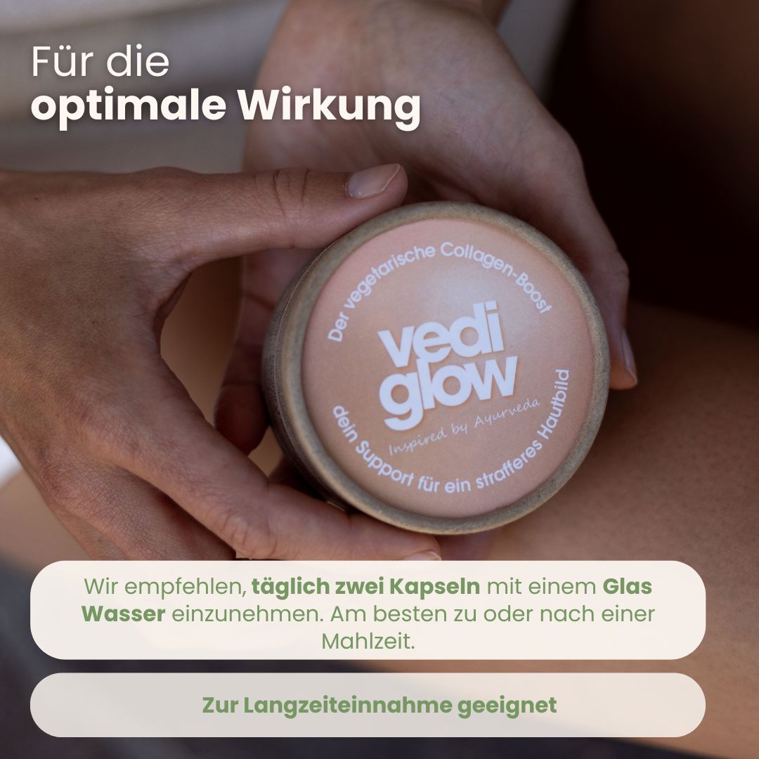Hände halten Dose Vedi Glow. Text: Für die optimale Wirkung. Einnahme: 2 Kapseln mit Wasser. Geeignet zur Langzeiteinnahme.