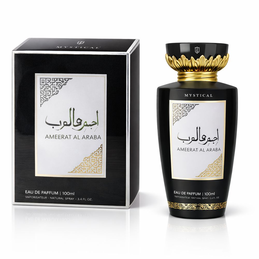 Schwarze Flasche und Box. Goldene Akzente. Aufschrift: Mystical, Ameerat al Araba. Eau de Parfum.