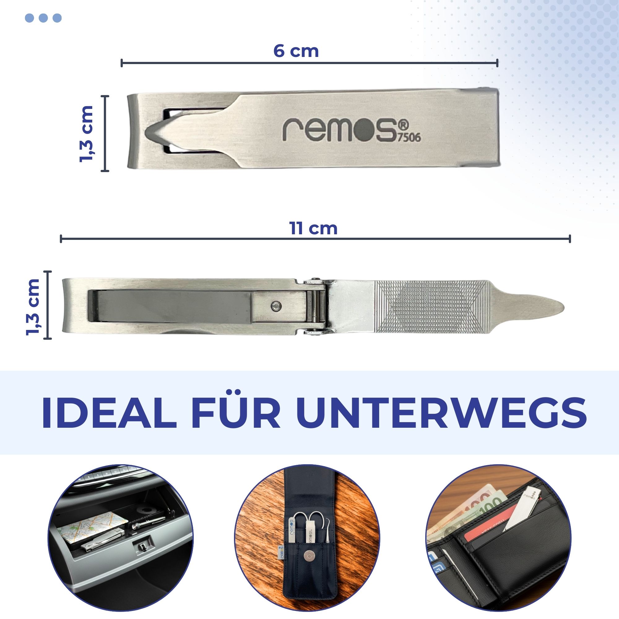 REMOS Nagelknipser: 6 cm geschlossen, 11 cm geöffnet. Ideal für unterwegs. Aus Edelstahl.