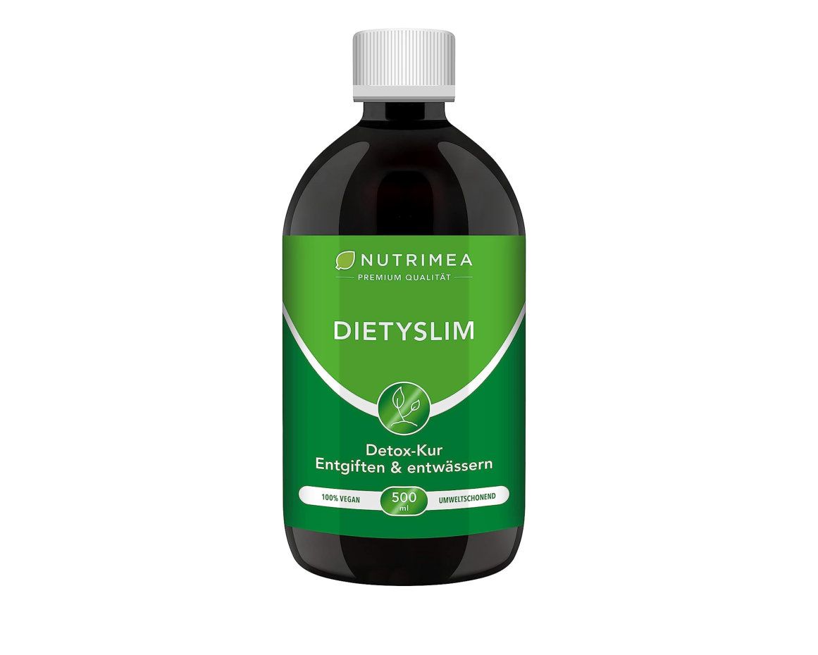 Braune Flasche mit weißem Deckel. Grün-weißes Etikett mit 'NUTRIMEA', 'DIETYSLIM', 'Detox-Kur' und 'Vegan'.