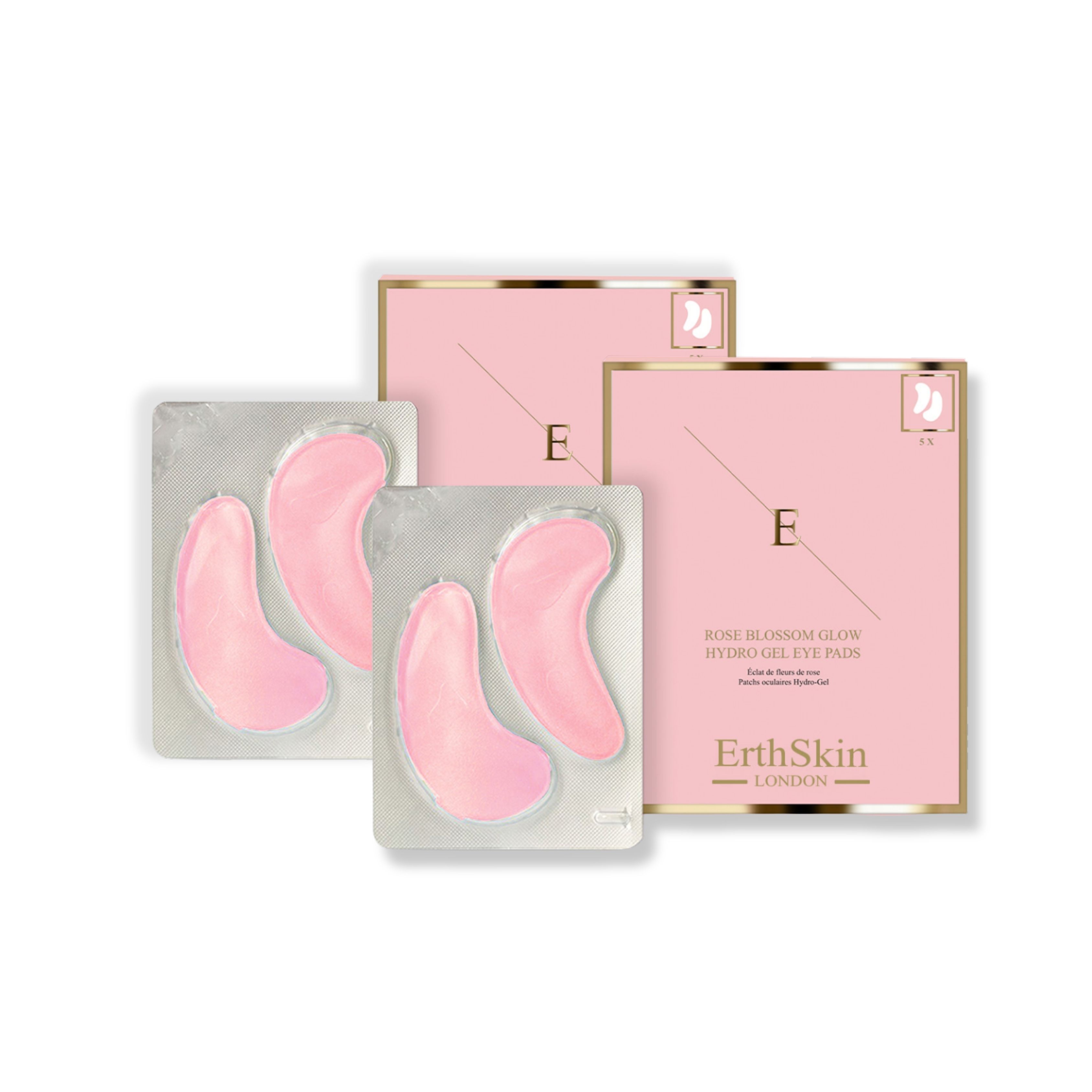 Zwei Packungen Augenpads, rosa, in Folie. Zwei rosa Kartons mit goldfarbenem Rand. Schriftzug: ErthSkin London.