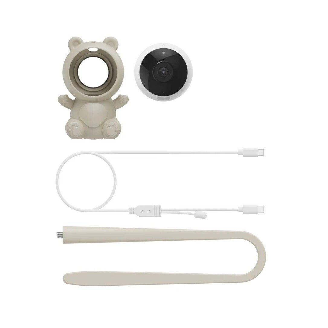 Set mit Bären-Kamera, Lautsprecher, Kabeln und Ständer.