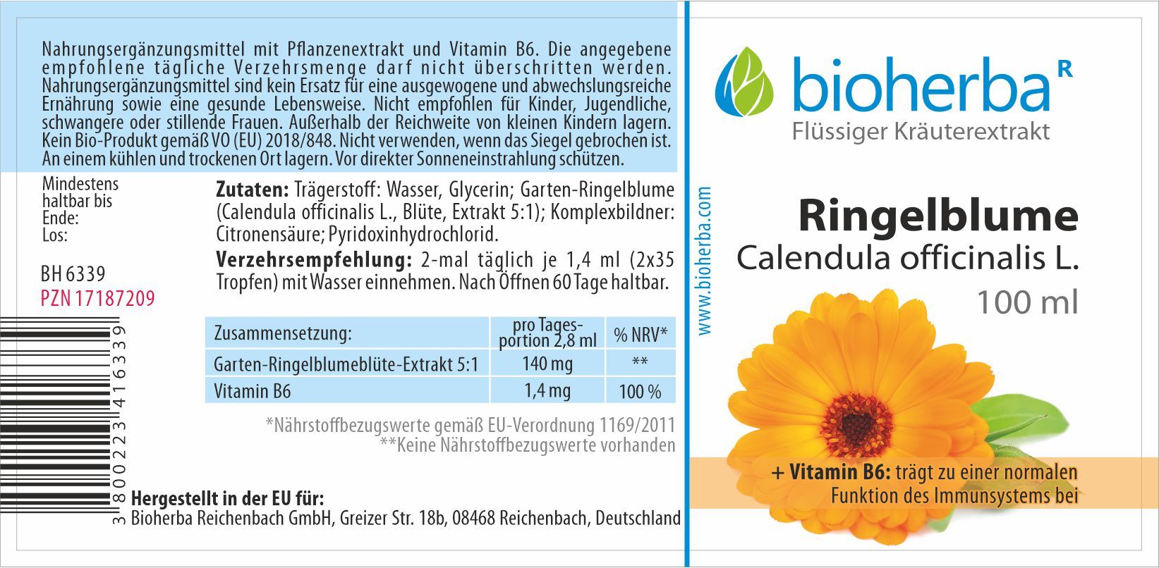 Etikett mit Produktinformationen. Enthält Ringelblume-Extrakt, Vitamin B6. Hersteller: Bioherba. Inhaltsstoffe, Verzehrempfehlung, Nährwertangaben.