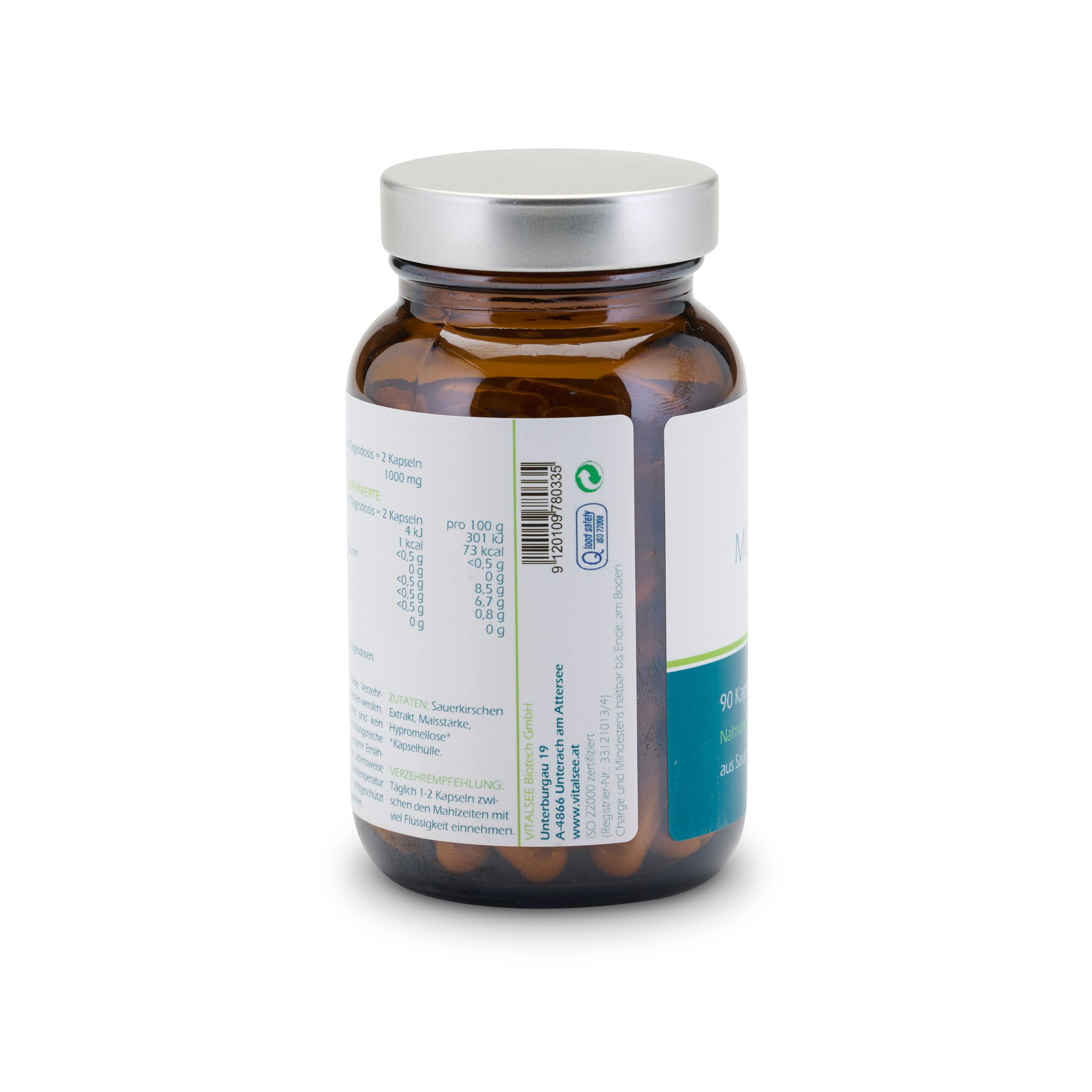 Rückansicht einer braunen Glasflasche mit silbernem Deckel. Etikett mit Produktinformationen und Nährwerten.