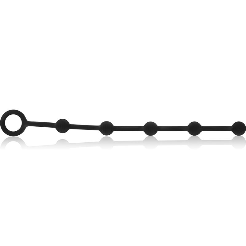 Schwarze Silikon-Analkette mit fünf Kugeln und einem Ring. Die Kugeln sind durch einen flexiblen Stab verbunden.