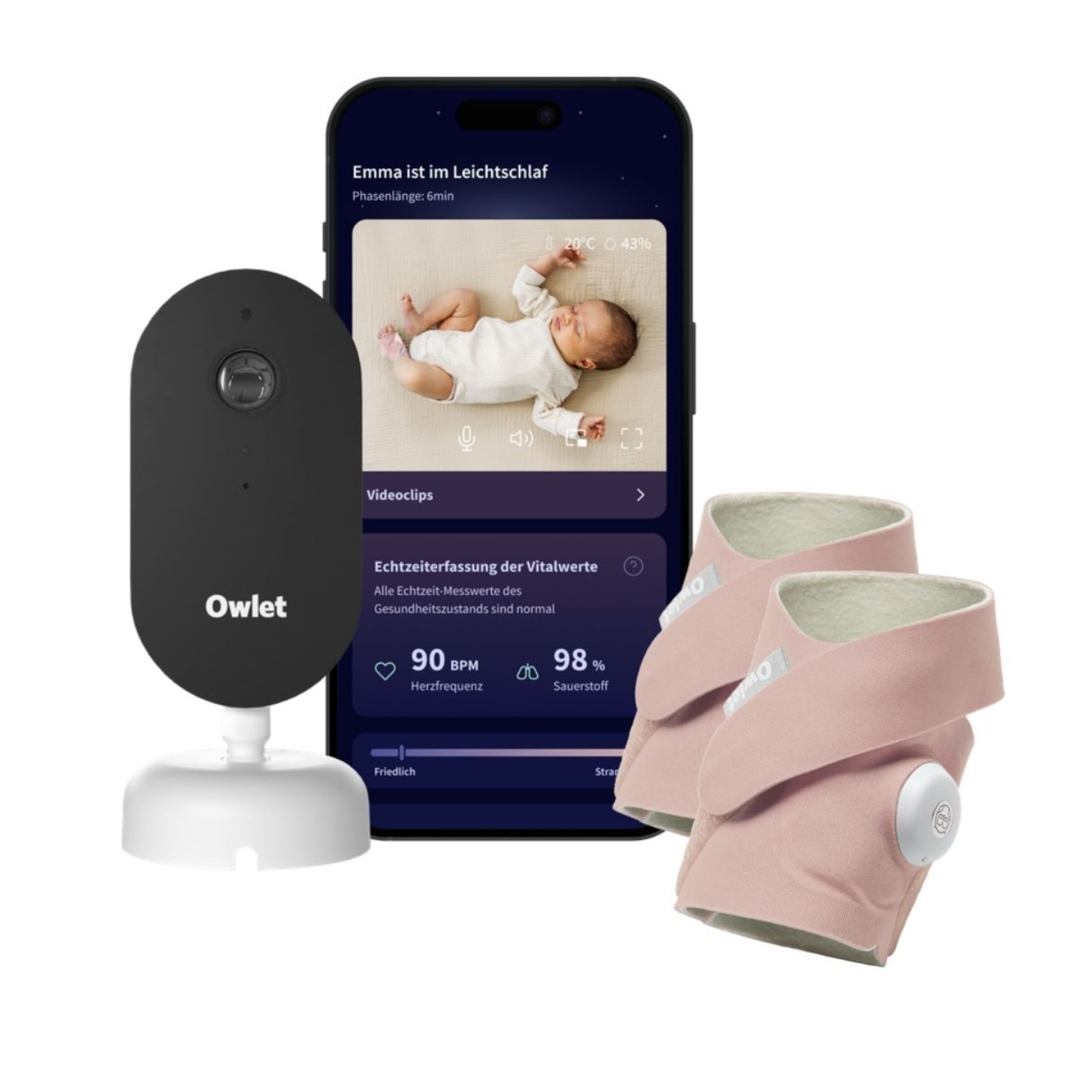 Owlet Baby Monitor: Kamera, Smartphone-App mit Babybild und Vitalwerten, zwei rosa Sensoren.