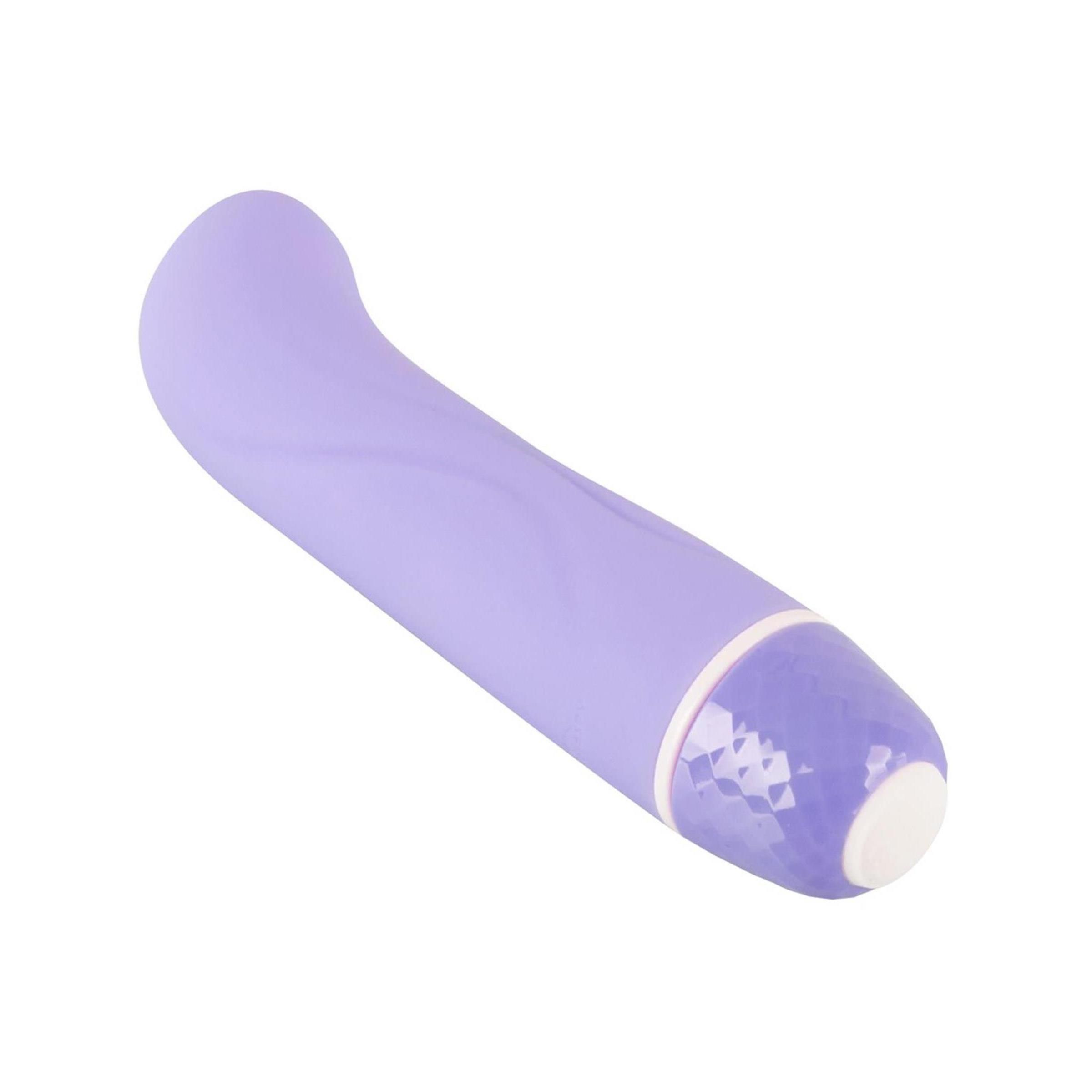 Lila Mini G-Punkt Vibrator aus Silikon, schräg aufgenommen.